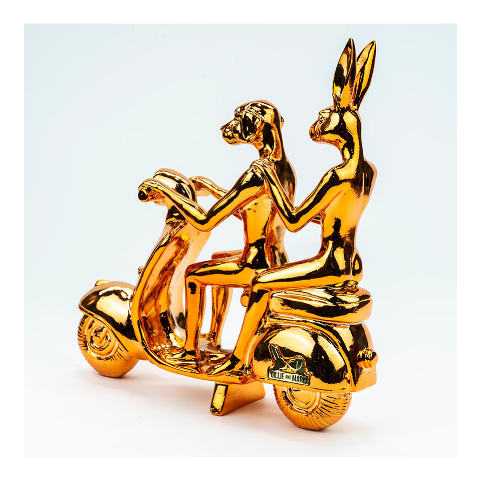 GILLIE AND MARC Resin Sculpture - Happy Mini Vespa Riders Metallic Bronze