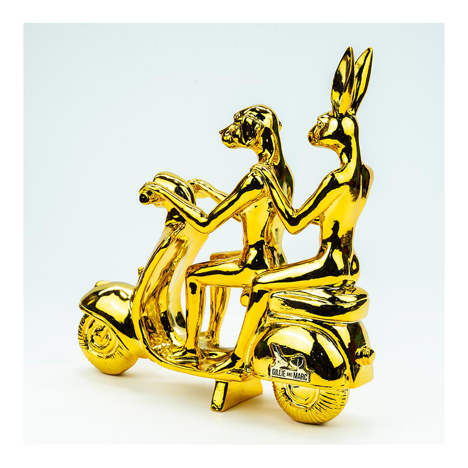 GILLIE AND MARC Resin Sculpture - Happy Mini Vespa Riders Metallic Gold